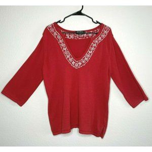 EDDIE BAUER Womens Embroidered Collar Red Sweater V Neck 3/4 Sleeve Sz Tall XL